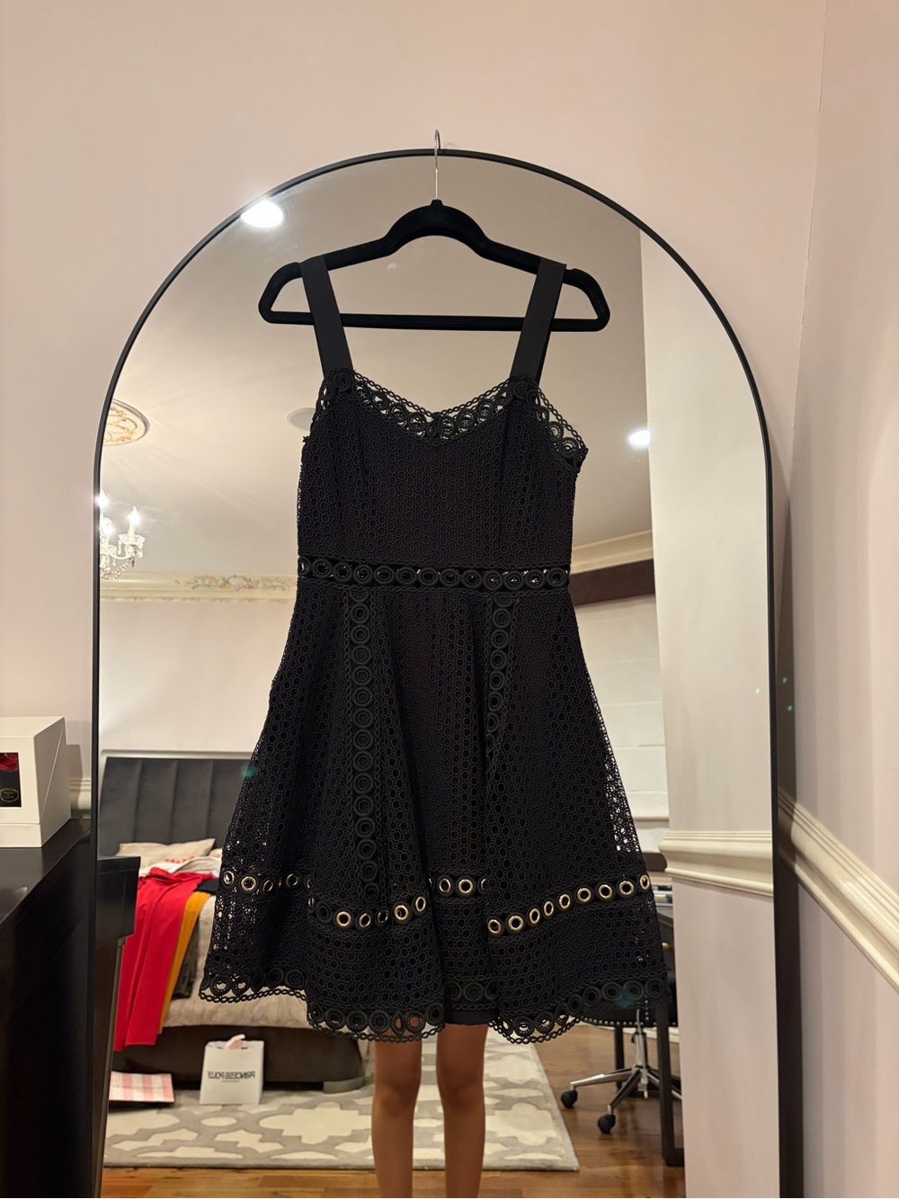 Maje Black Eyelet Dress with Strap and Grommet Detail